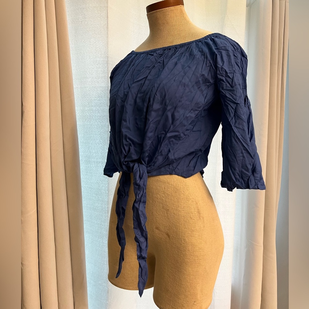 Elan Off-the-Shoulder Tie-Front Cropped Top Women's XS Azure 3/4 Bell Sleeve